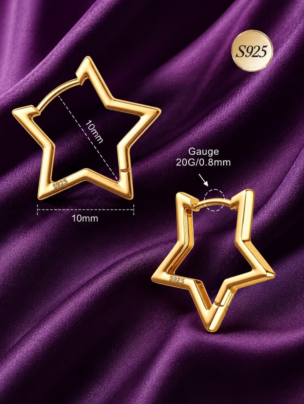 925 Sterling Silver Gold Star Hoop Earrings | Minimalist Geometric Huggie Hoops